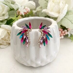 Gold Tone Multicolor Marquise Rhinestone Statement Earrings wedding party 💖